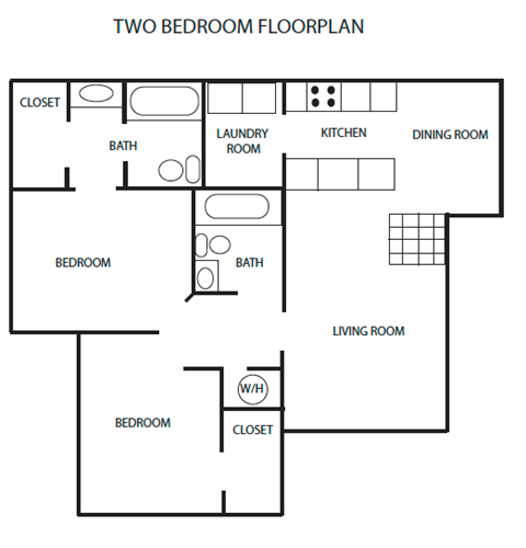 Floor plan for 2 beds, 2 baths, 947 sqft